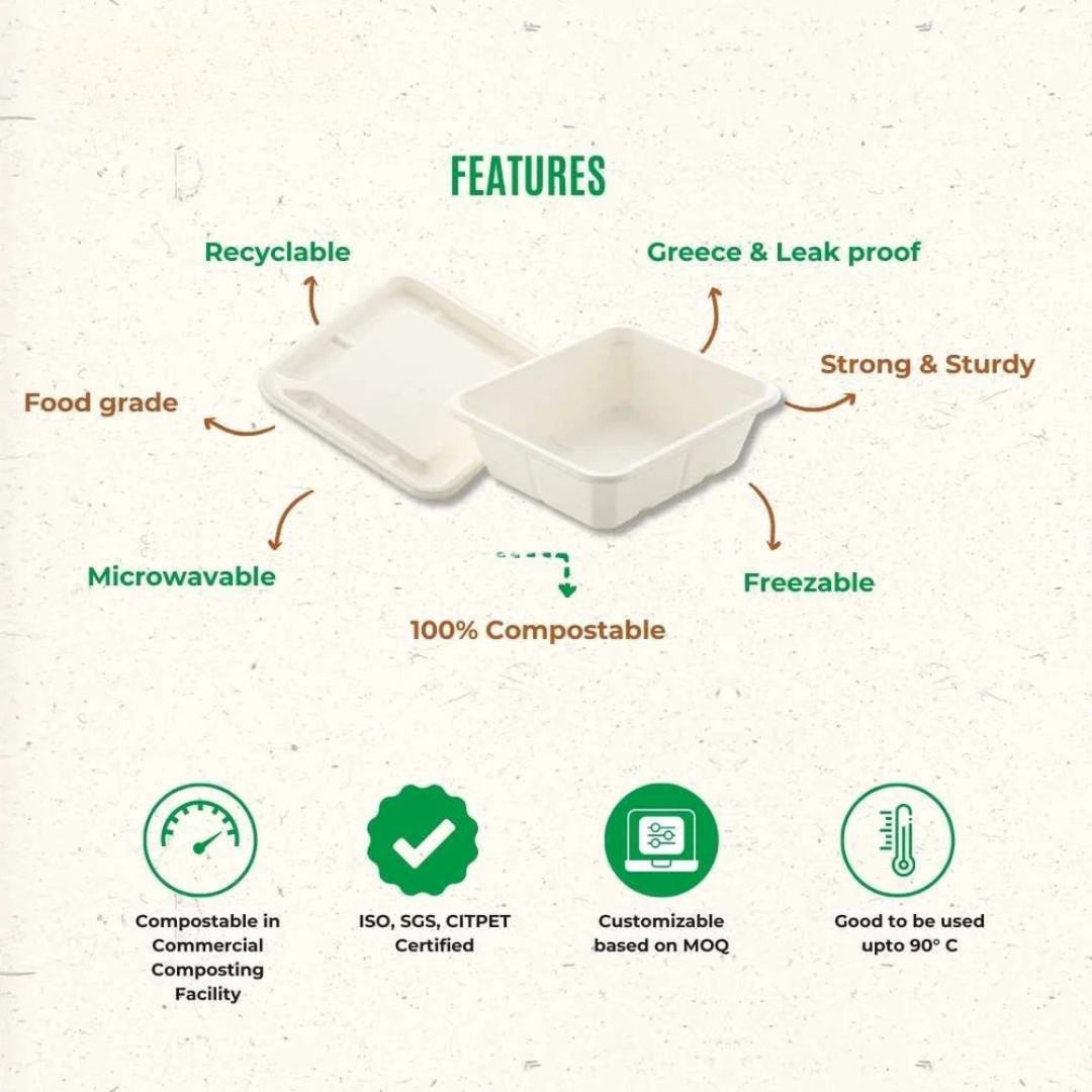750 ML Square Container With Lid Bagasse